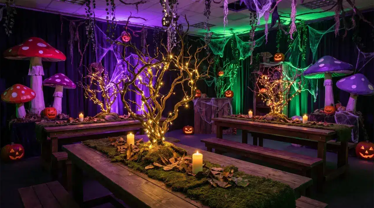 Dark enchanted forest Halloween party room with twisted branches fairy lights and mushrooms for a fantasy Halloween theme.