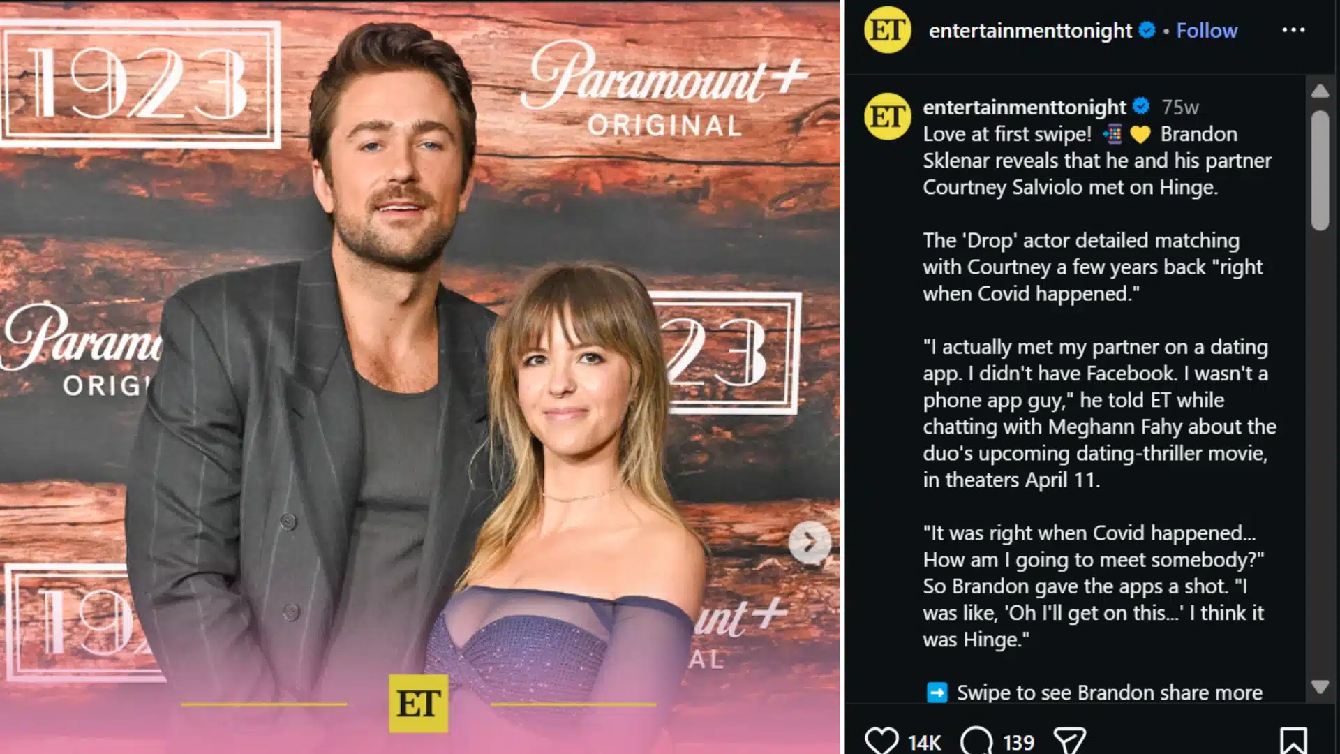 Entertainment Tonight Instagram post about Brandon Sklenar meeting his partner Courtney Salviolo on Hinge.