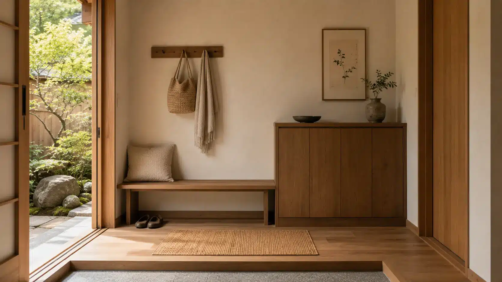 Japandi entryway with a wooden bench, shoe cabinet, woven rug, wall hooks, and an open doorway overlooking a garden.