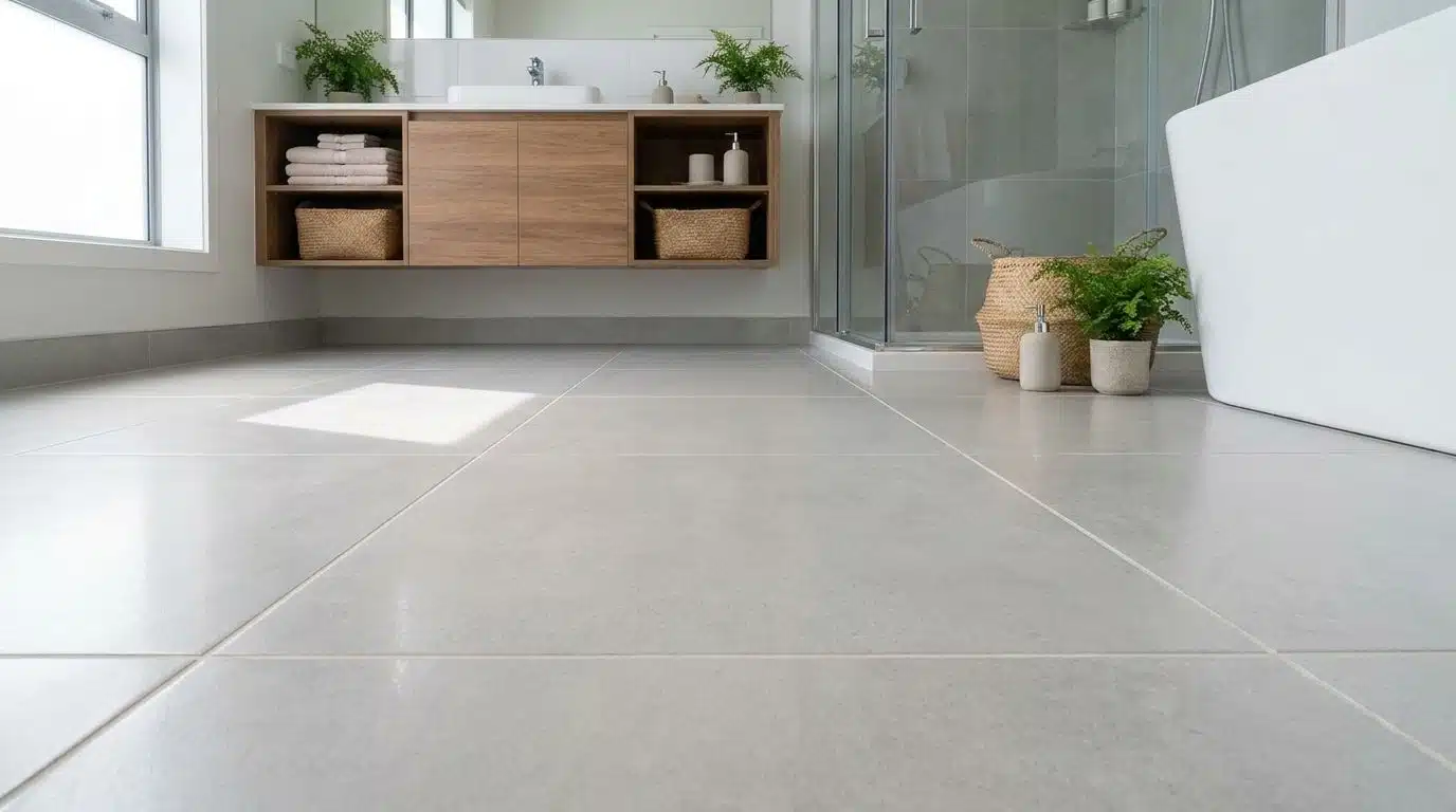 Smooth epoxy grout lines between waterproof bathroom floor tiles