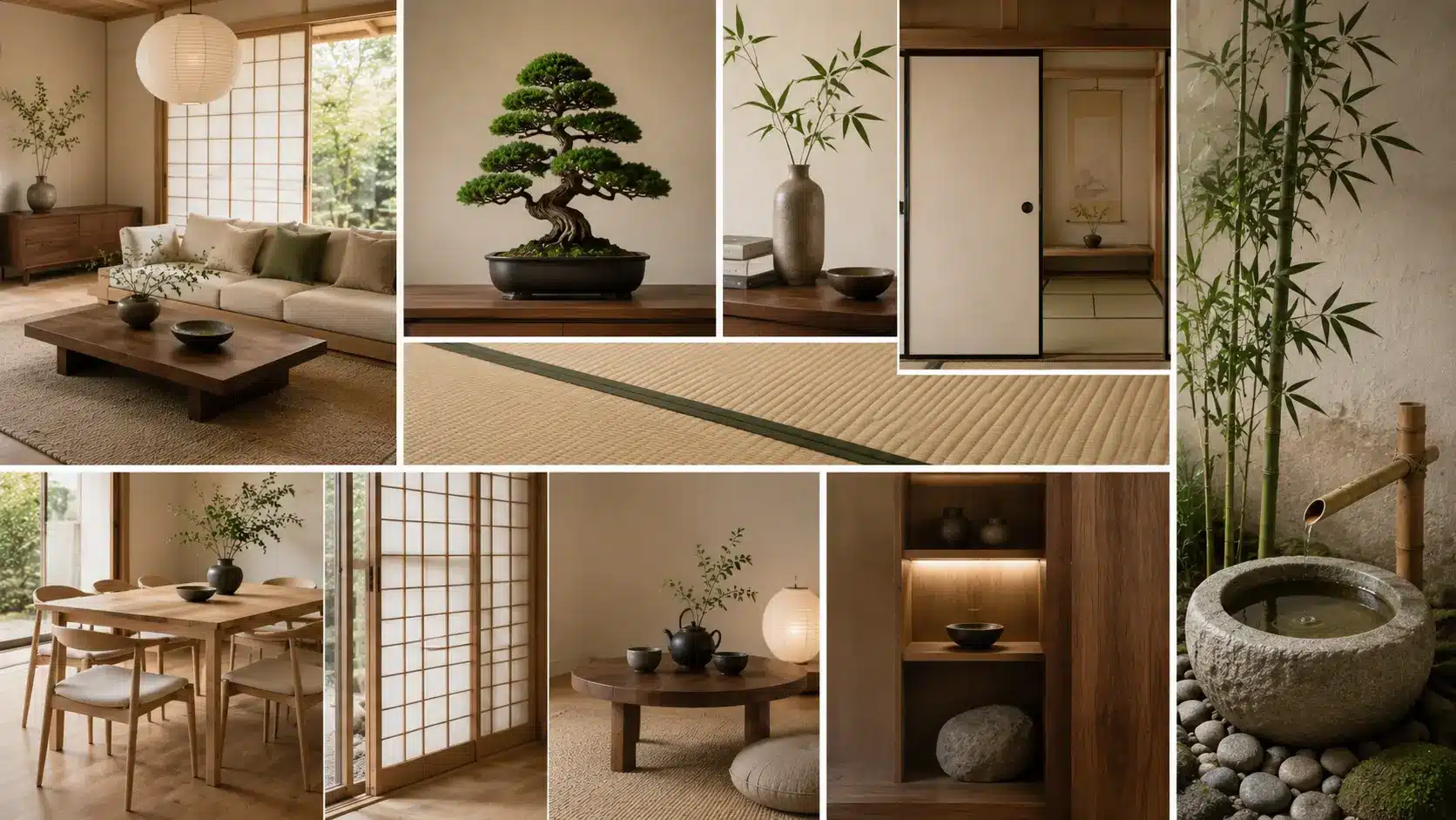 Collage of Japanese interior design elements featuring shoji doors, tatami mats, bonsai, bamboo, wood furniture, and stone fountain.