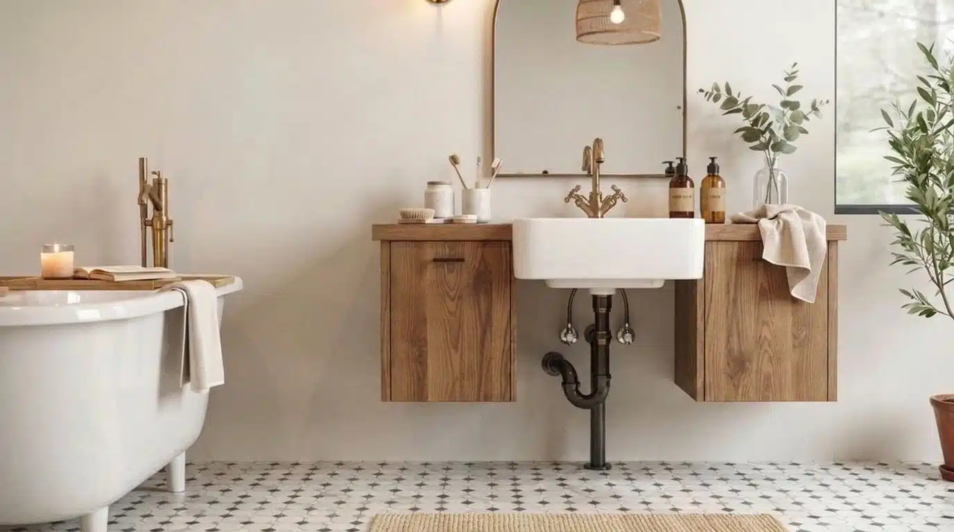 Full view of a bathroom vanity with exposed plumbing pipes