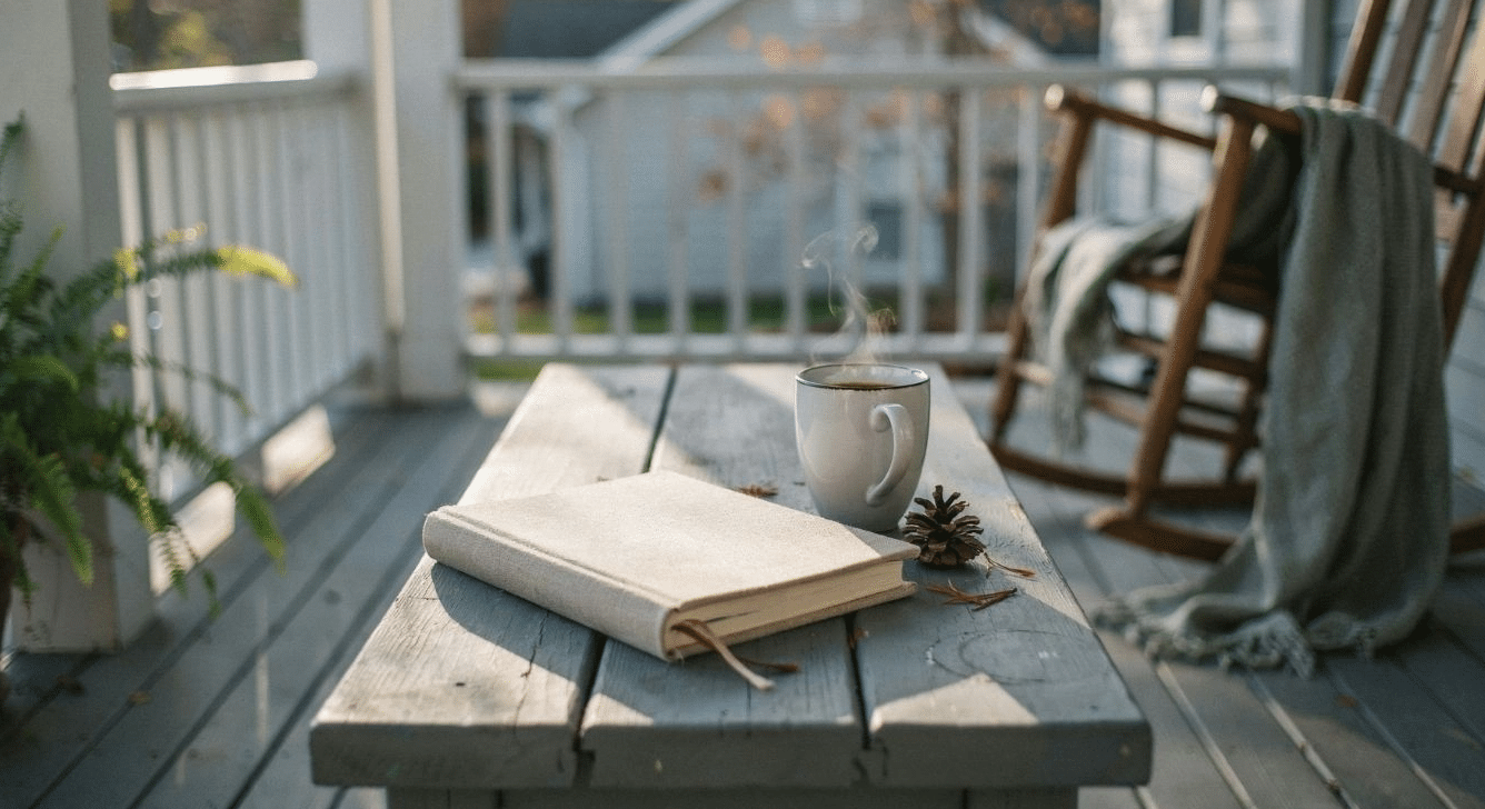 Fabric-covered nature journal on a porch table with coffee