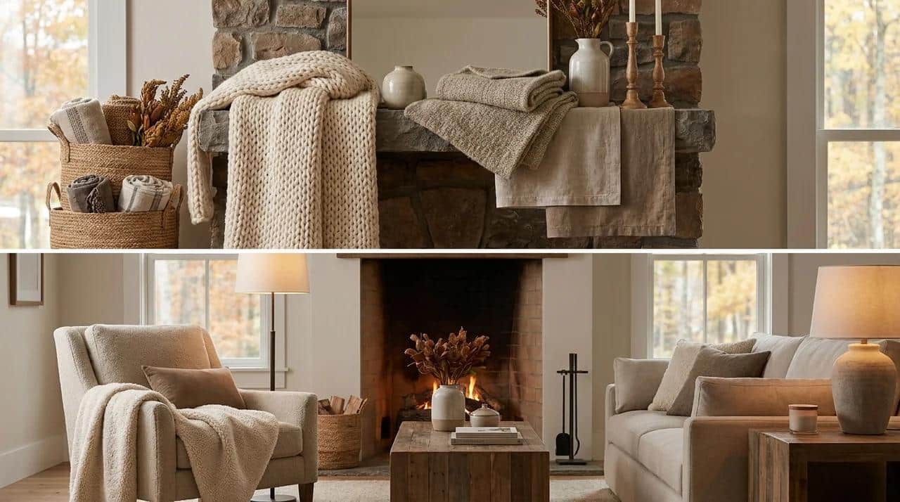 Fireplace mantel decorated with textured fabrics and cozy accessories.