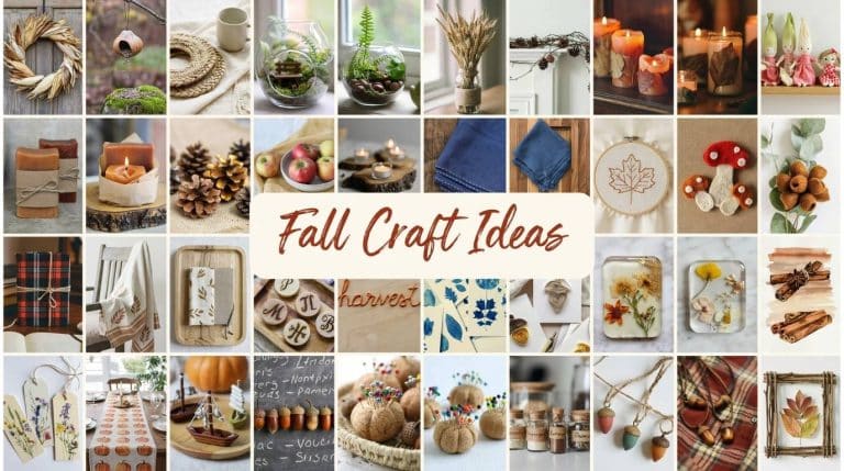 Collage of handmade fall crafts with wreaths, candles, coasters, ornaments, and "Fall Craft Ideas" in centered script text.