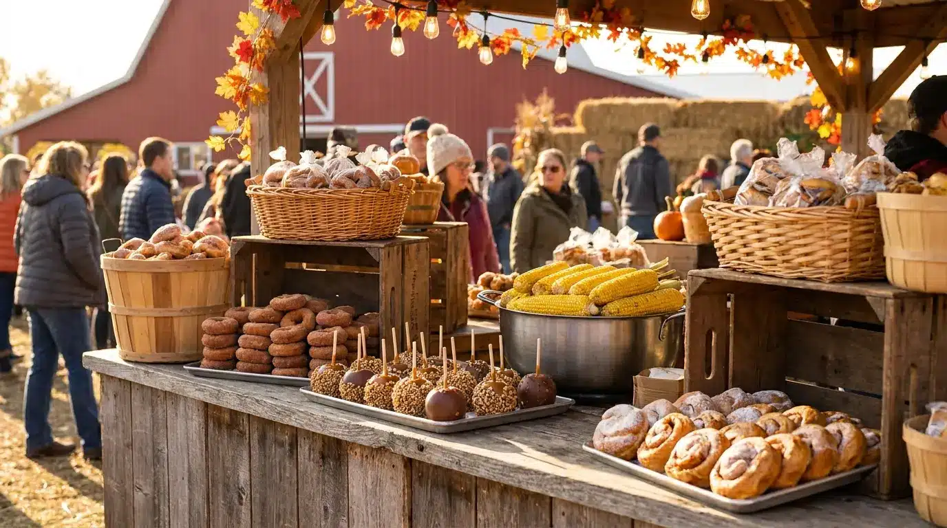 Fall festival food booth serving treats and seasonal snacks
