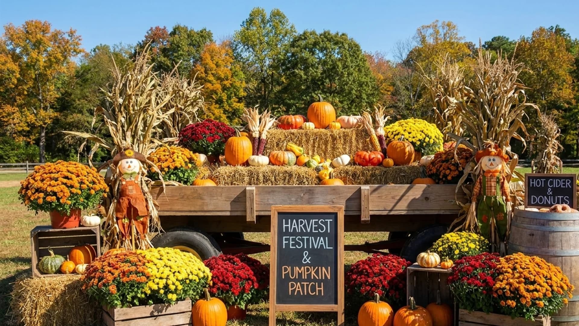 Outdoor fall harvest display with pumpkins, flowers, hay bales, and a sign reading "Harvest Festival & Pumpkin Patch.