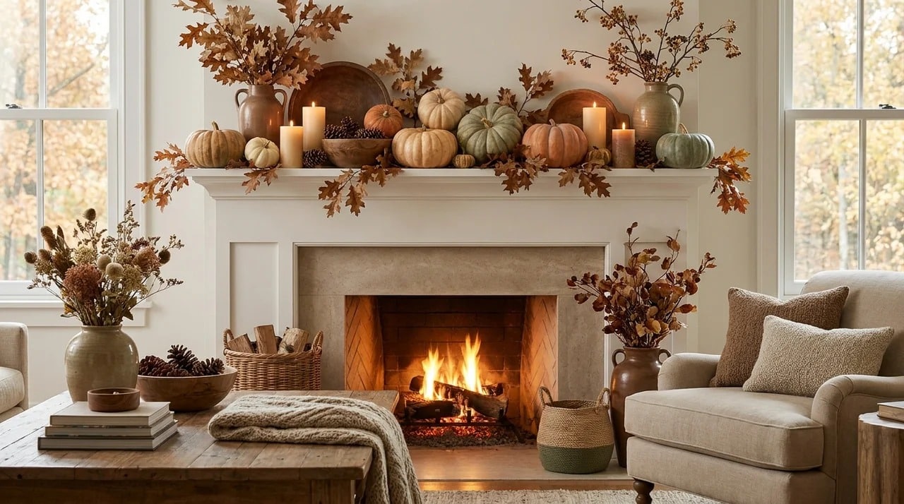 Fall fireplace mantel decorated with pumpkins, leaves, and warm accents.