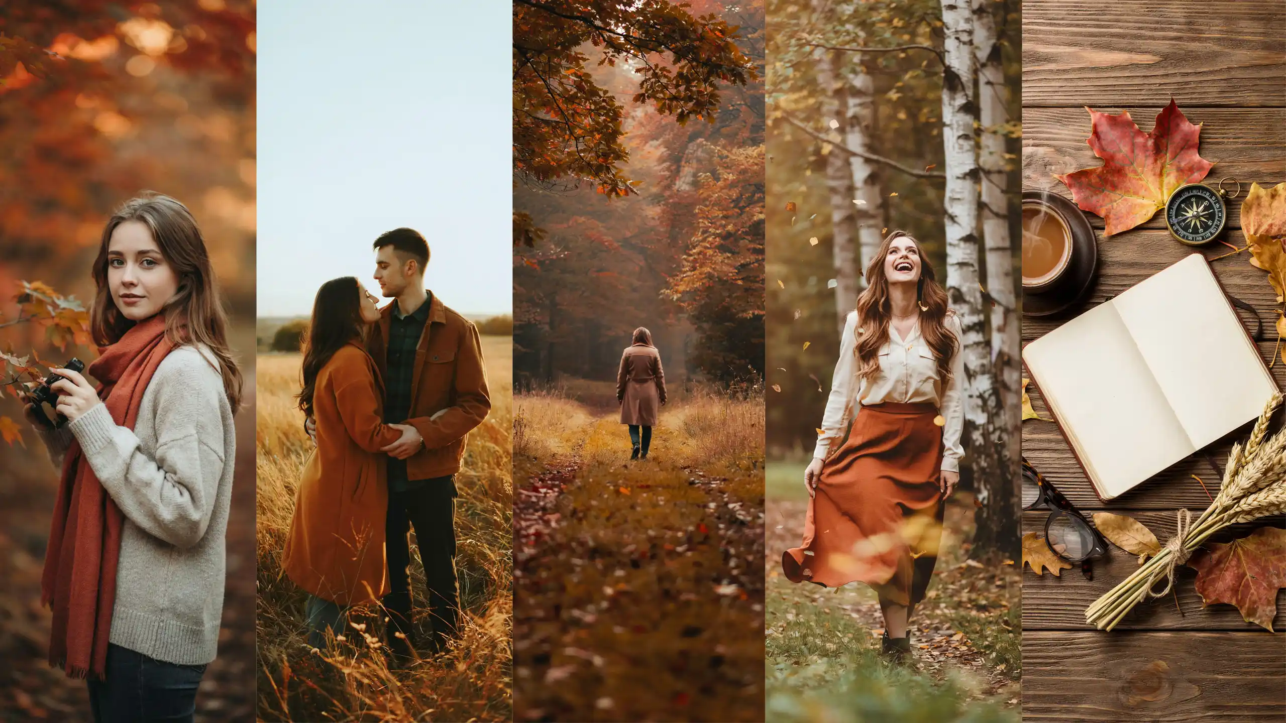 Fall photography ideas with portraits, couples, autumn landscapes, and seasonal photo props