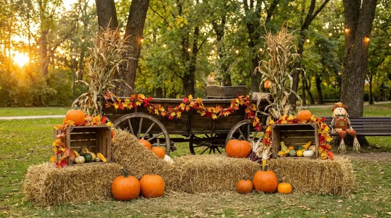 Autumn photoshoot setup with pumpkins, hay bales, and rustic fall decorations in a park