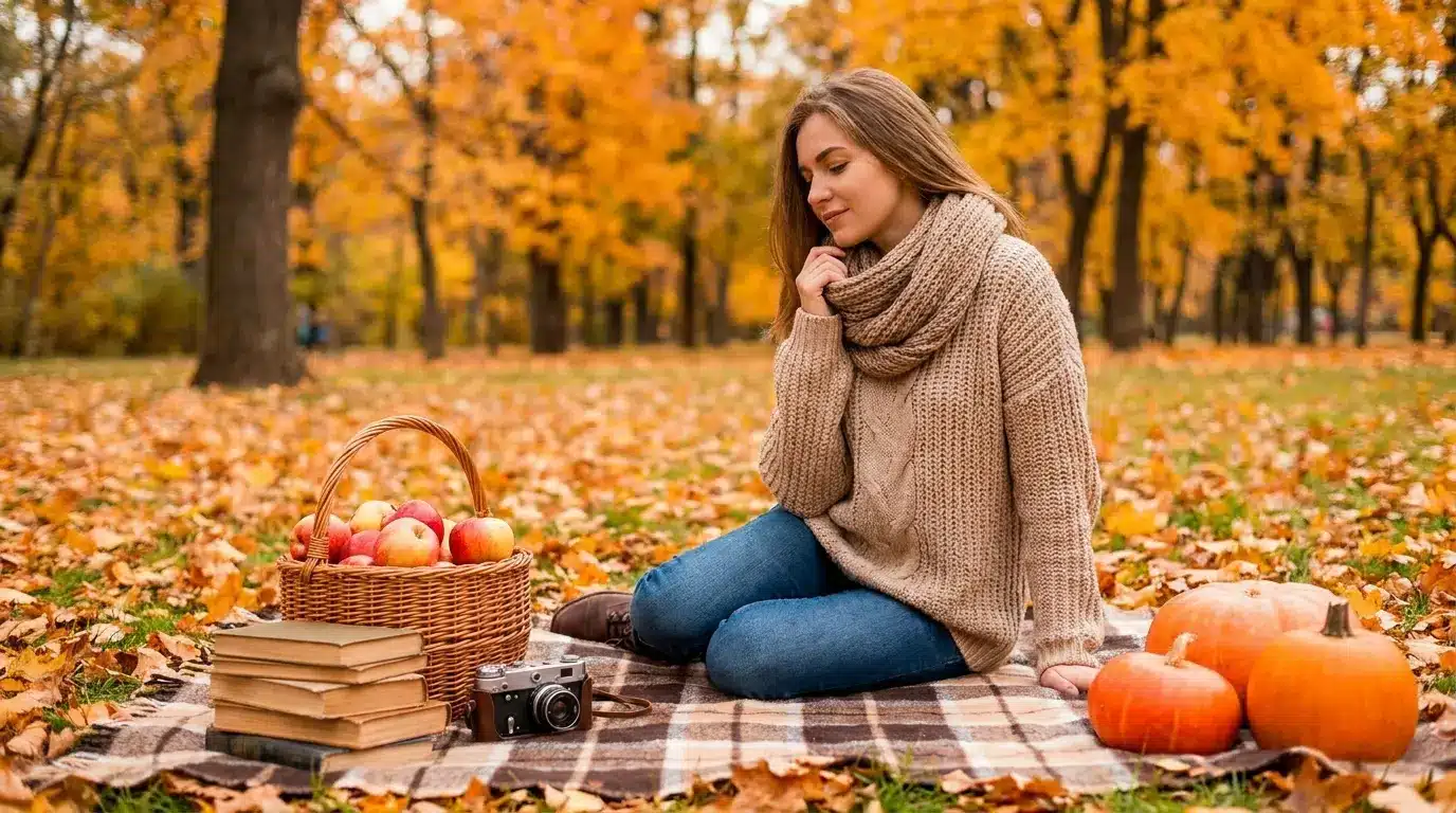 Fall photoshoot with pumpkins, books, and picnic props in an autumn park setting
