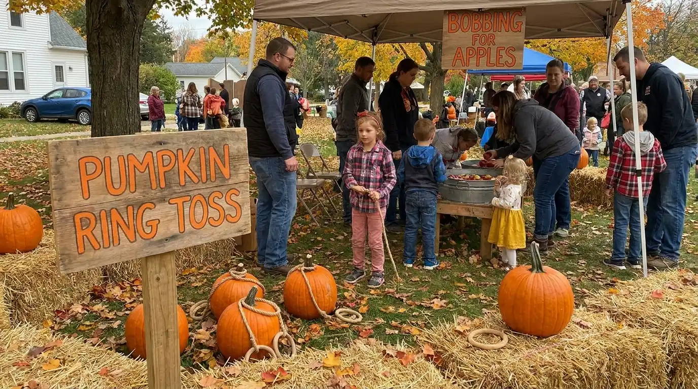 Families enjoying pumpkin ring toss and fall festival games