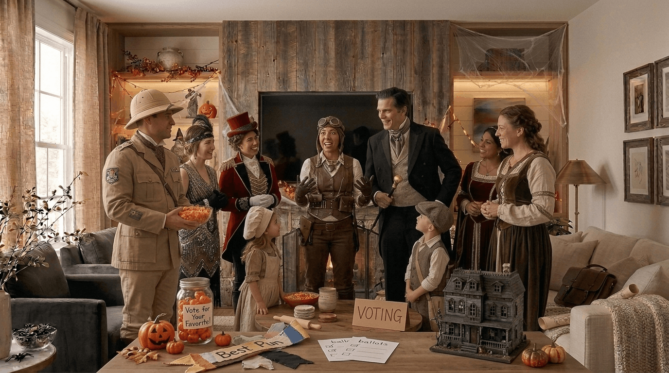 Family and friends wearing creative costumes during a Halloween costume contest at home.