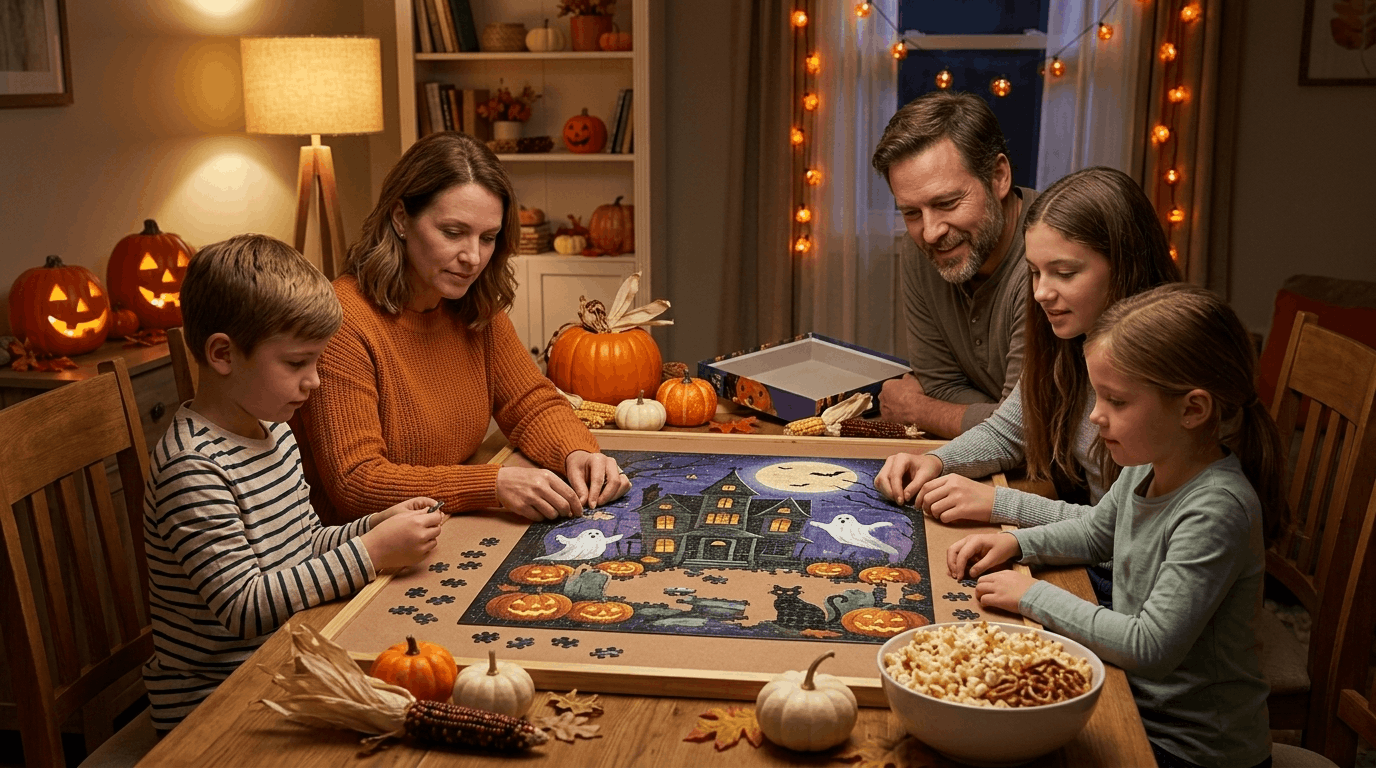 Family assembling Halloween themed puzzle together