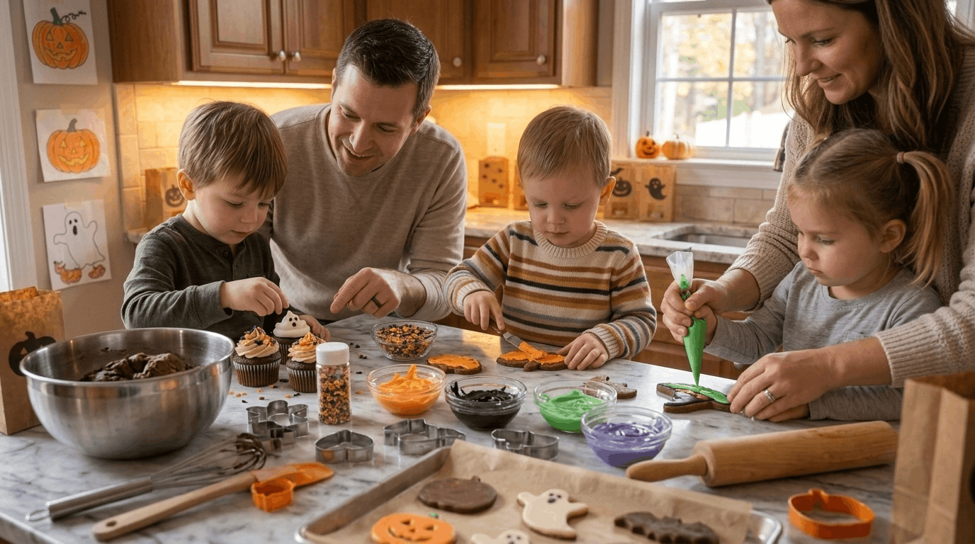 Family baking Halloween cookies and cupcakes together