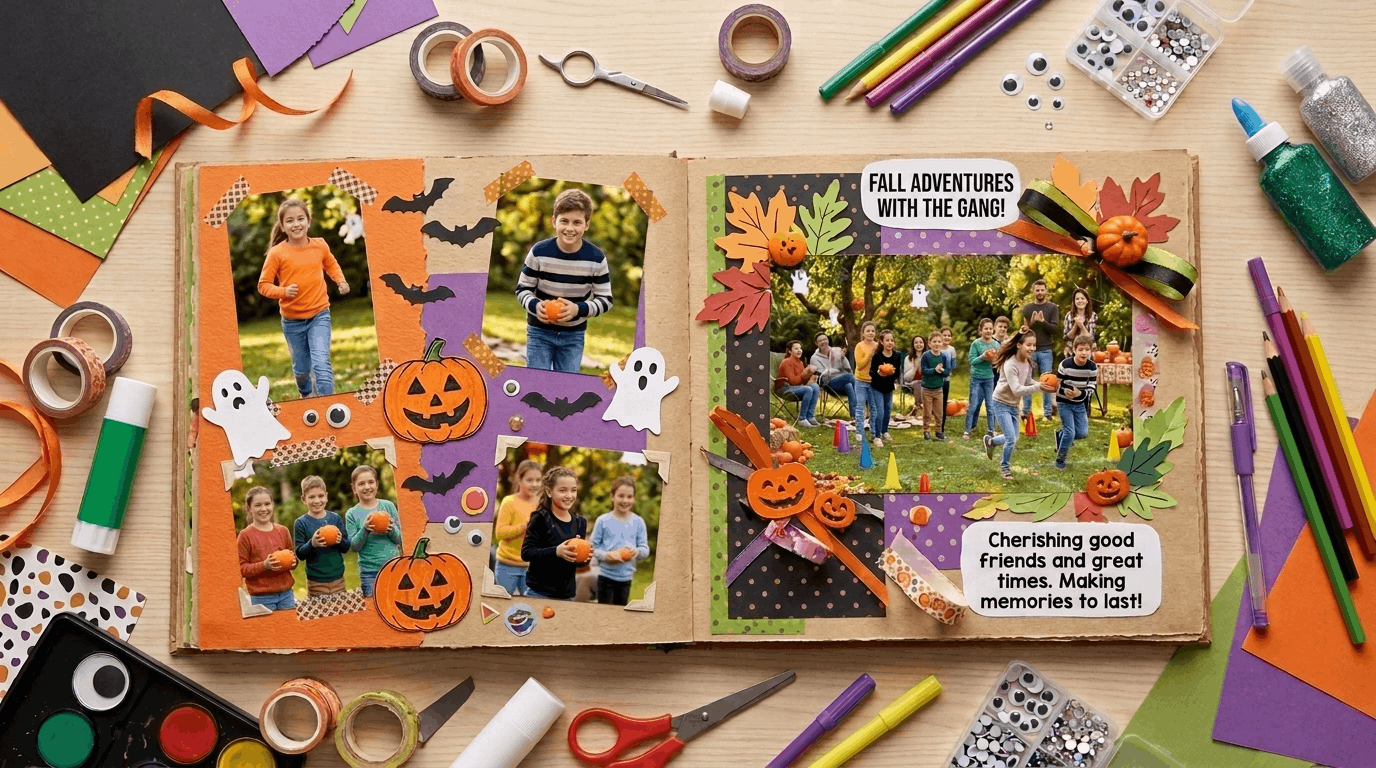 Family creating a Halloween memory scrapbook with photos and crafts