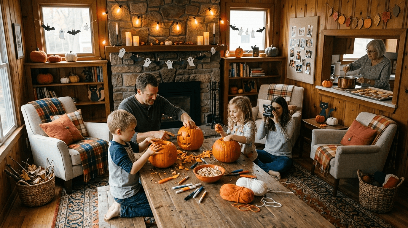 Family creating Halloween traditions with crafts and decorations
