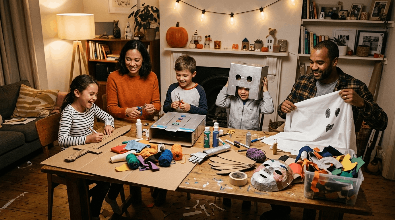 Family creating homemade Halloween costumes together