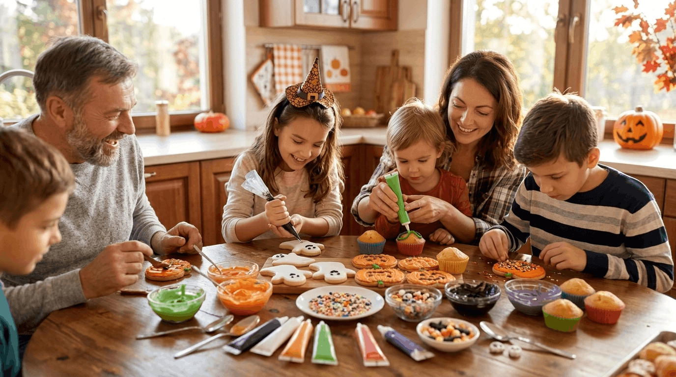 Family decorating Halloween cookies and cupcakes together
