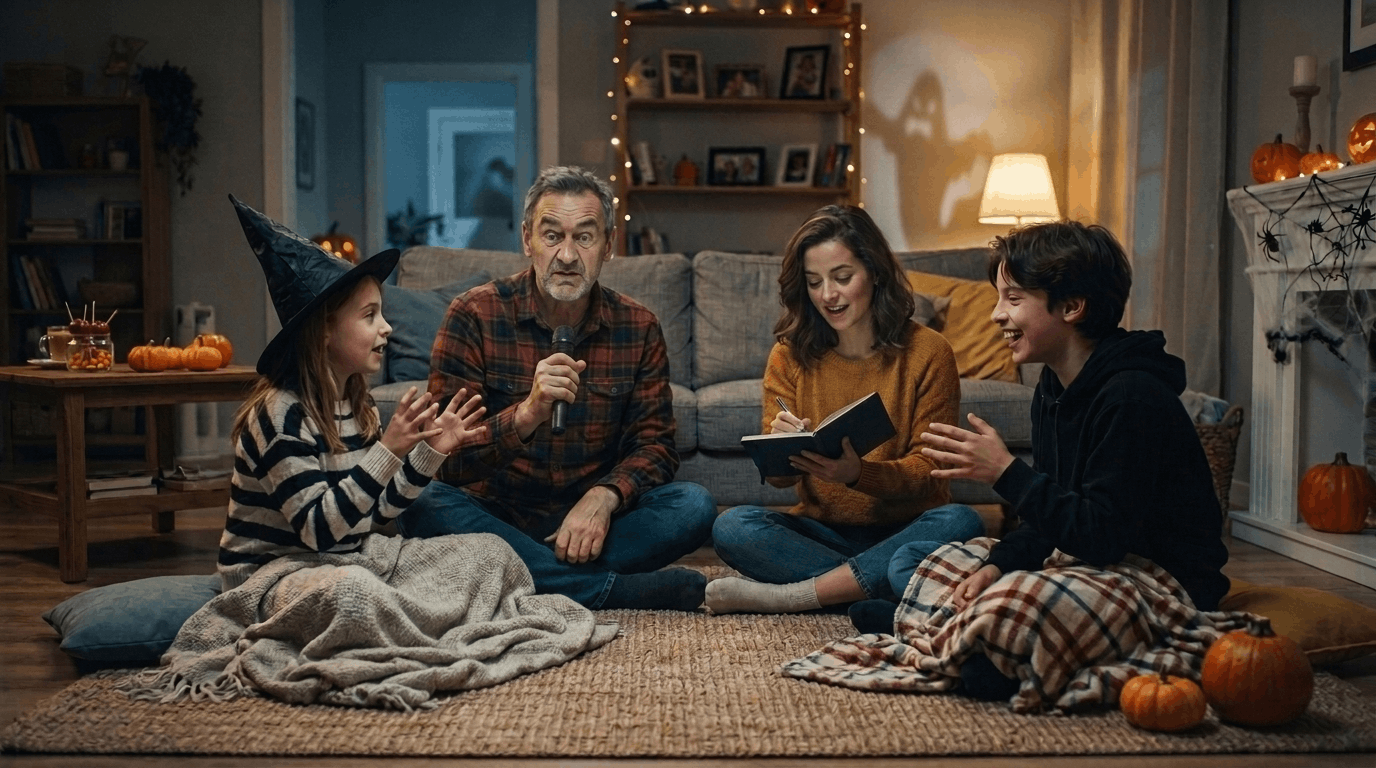 Family enjoying a Halloween storytelling activity with flashlights, voices, and creative ideas.