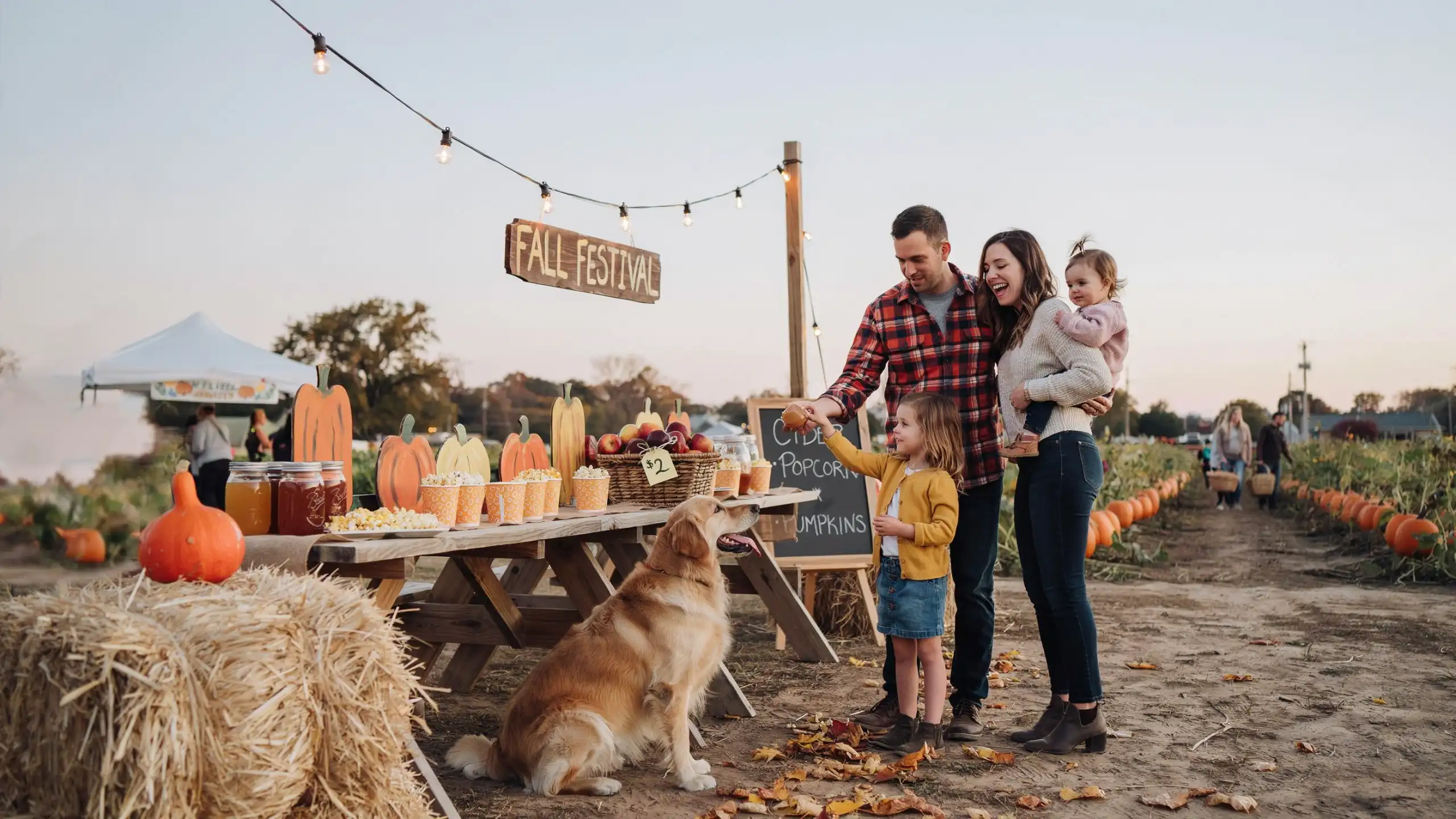 Family enjoying affordable fall festival activities at a pumpkin event