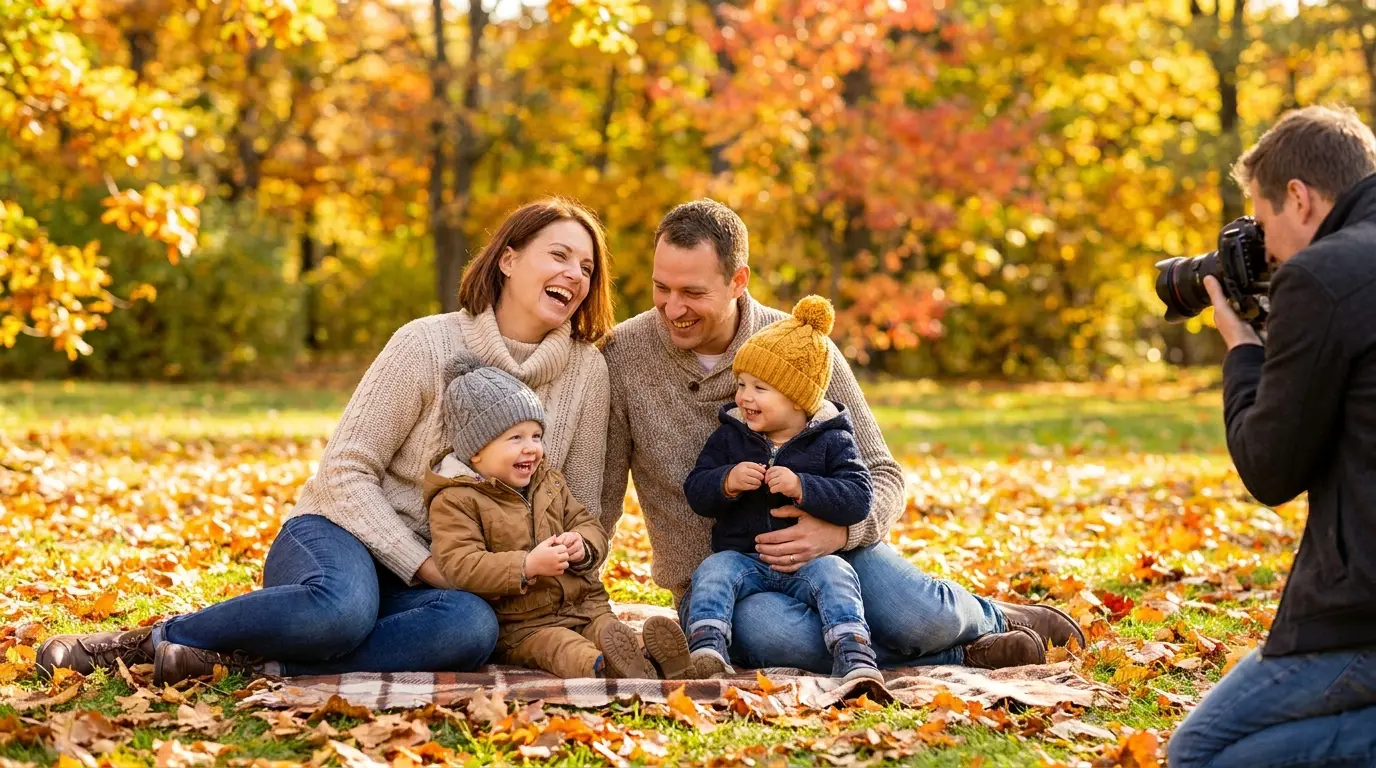 Family fall photoshoot in a park with autumn leaves and photographer capturing moments