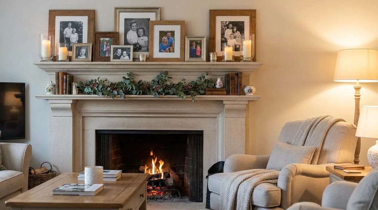 Fireplace mantel decorated with framed family photos.