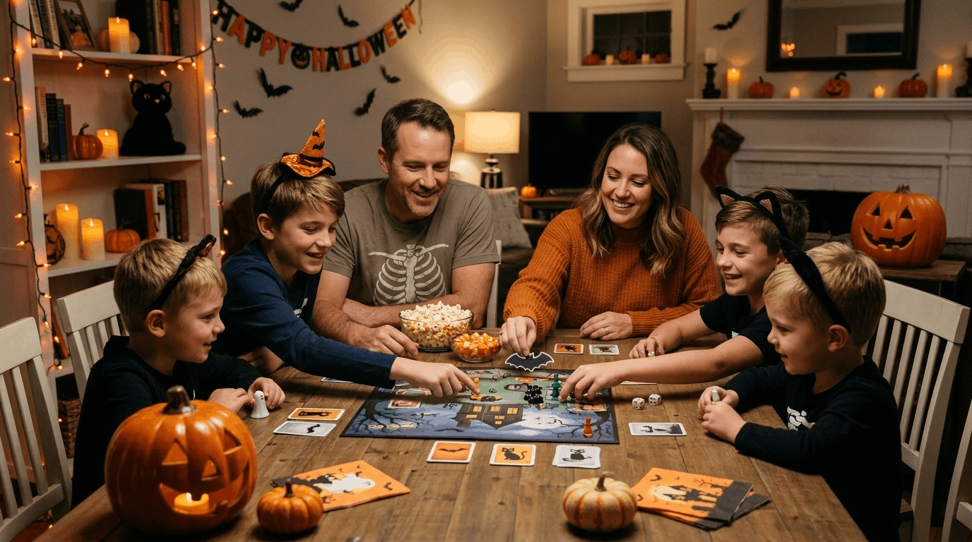Family playing Halloween board games at home