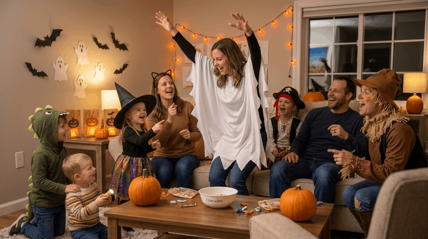 Family playing Halloween charades at a party
