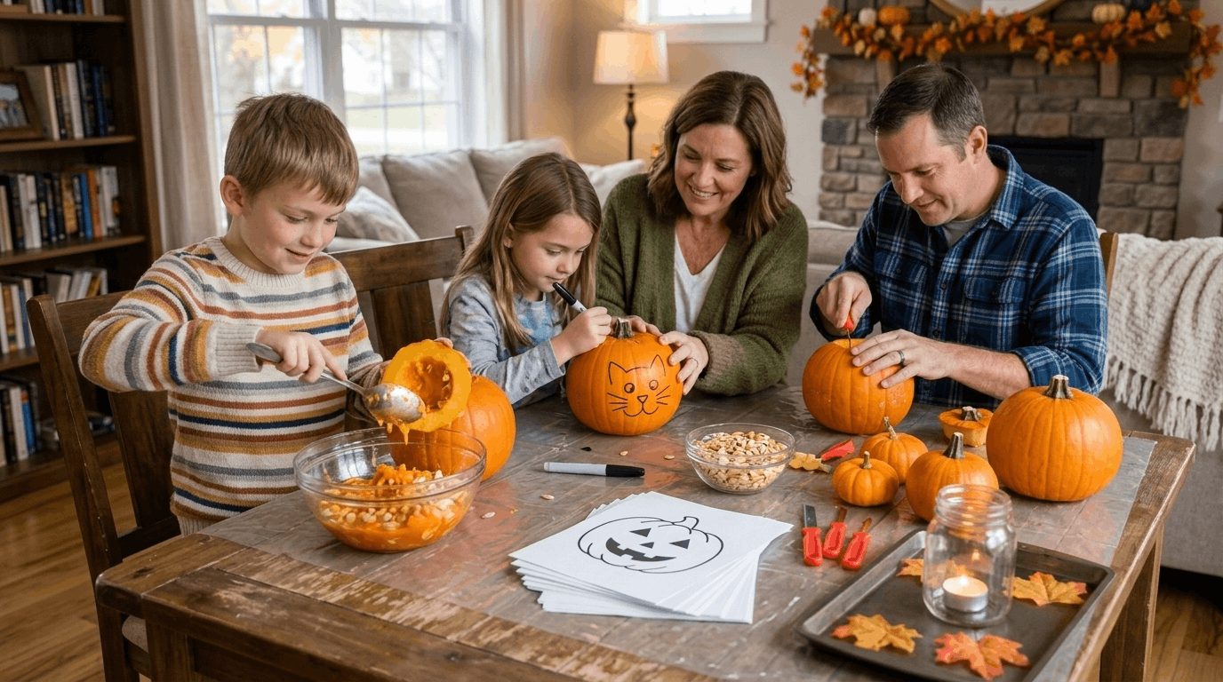 Family pumpkin carving activity with Halloween pumpkins