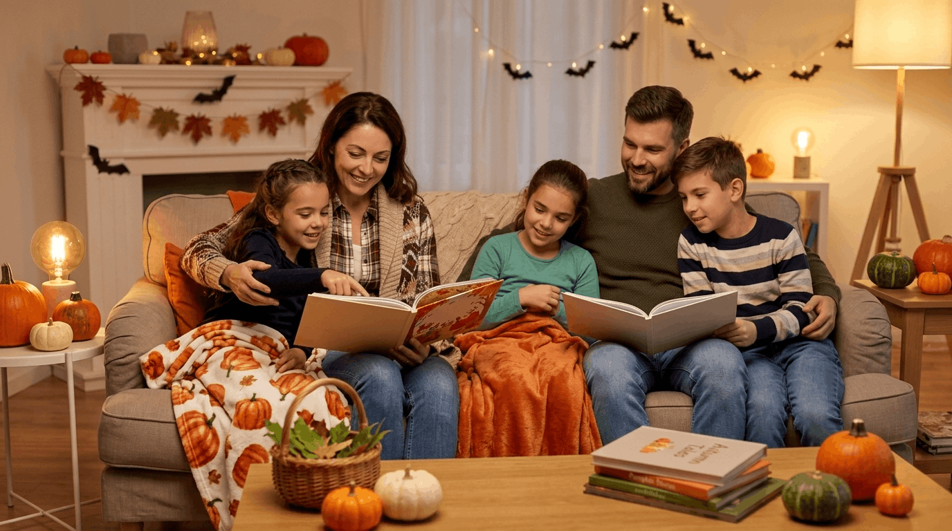 Family reading Halloween books together at home