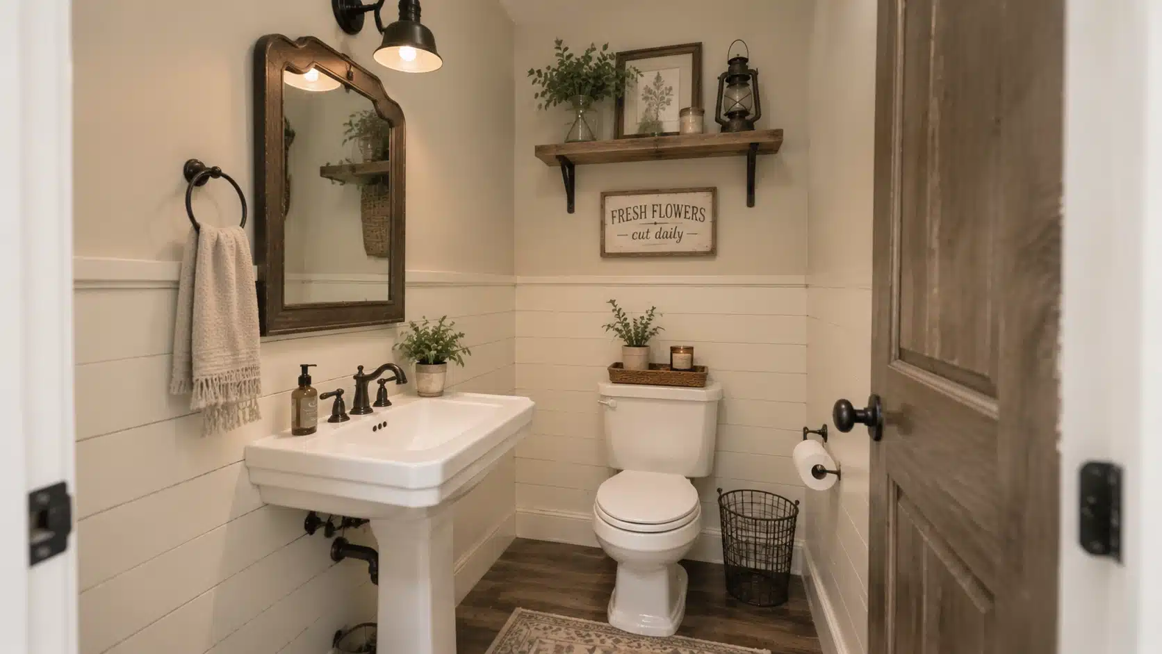 Farmhouse half bathroom with rustic wood vanity, vintage mirror, black fixtures, and neutral welcoming decor.