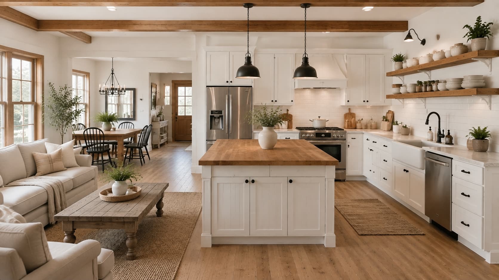 farmhouse open kitchen with white palette butcher block island. earthy vibes.