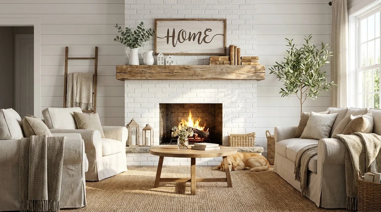 Farmhouse fireplace mantel decorated with rustic signs and accessories.