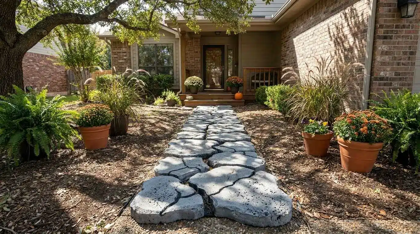 Cracked stone-look path leading to porch steps