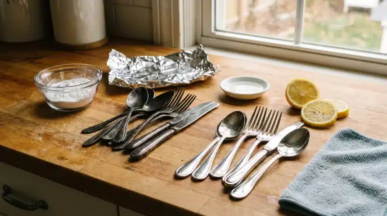 Tarnished silver spoons, forks, and knives showing dark buildup before cleaning and restoration