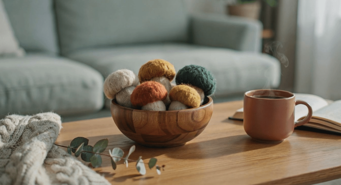 Felted wool mushroom ornaments in a wooden bowl