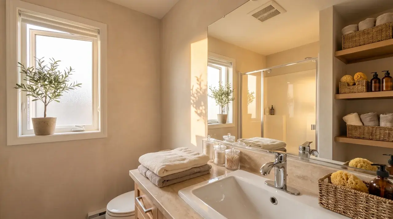 Freshly cleaned bathroom with disinfected surfaces, organized supplies, and clean towels.