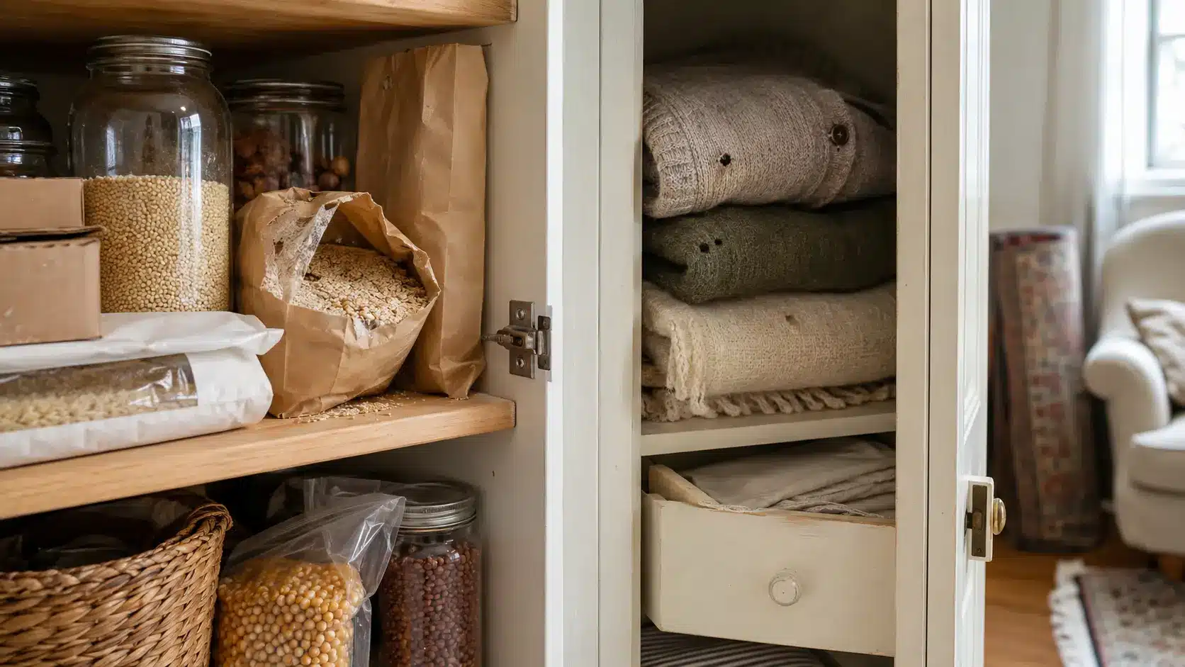 Open pantry and linen cupboard with grain packages, storage jars, folded wool clothing, and small fabric holes indicating possible moth activity.