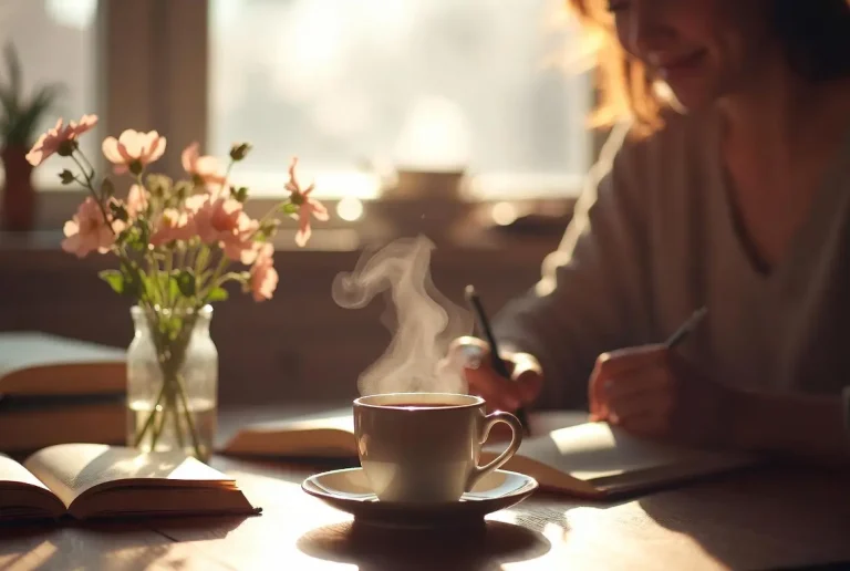 Steaming cup of coffee on wooden desk with open books and flowers in morning light