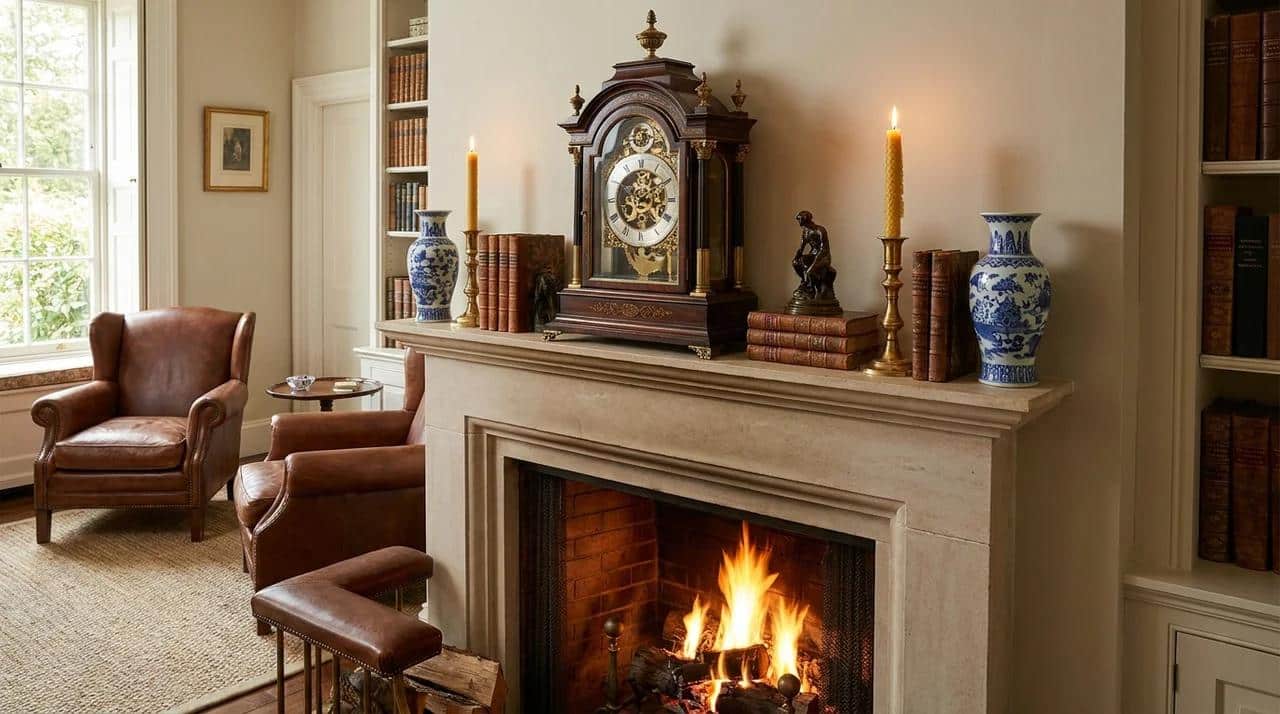 Classic fireplace mantel decorated with an ornate vintage clock, brass candle holders, porcelain vases, and leather armchairs.