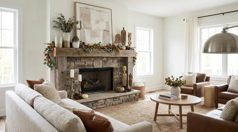 Modern fireplace mantel decorated with rustic, farmhouse, and seasonal decor ideas in a stylish living room.