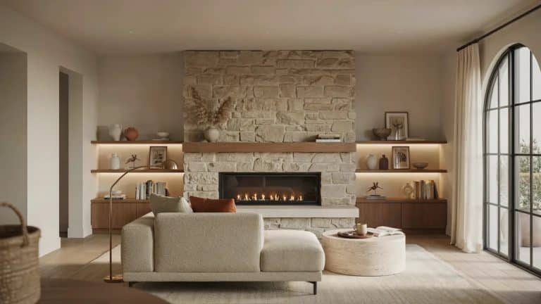 Modern living room with a stylish fireplace wall featuring stone, wood accents, and built-in shelving.