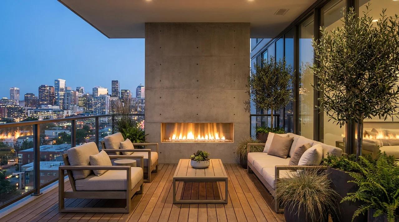 Modern balcony fireplace wall with outdoor seating and city view.