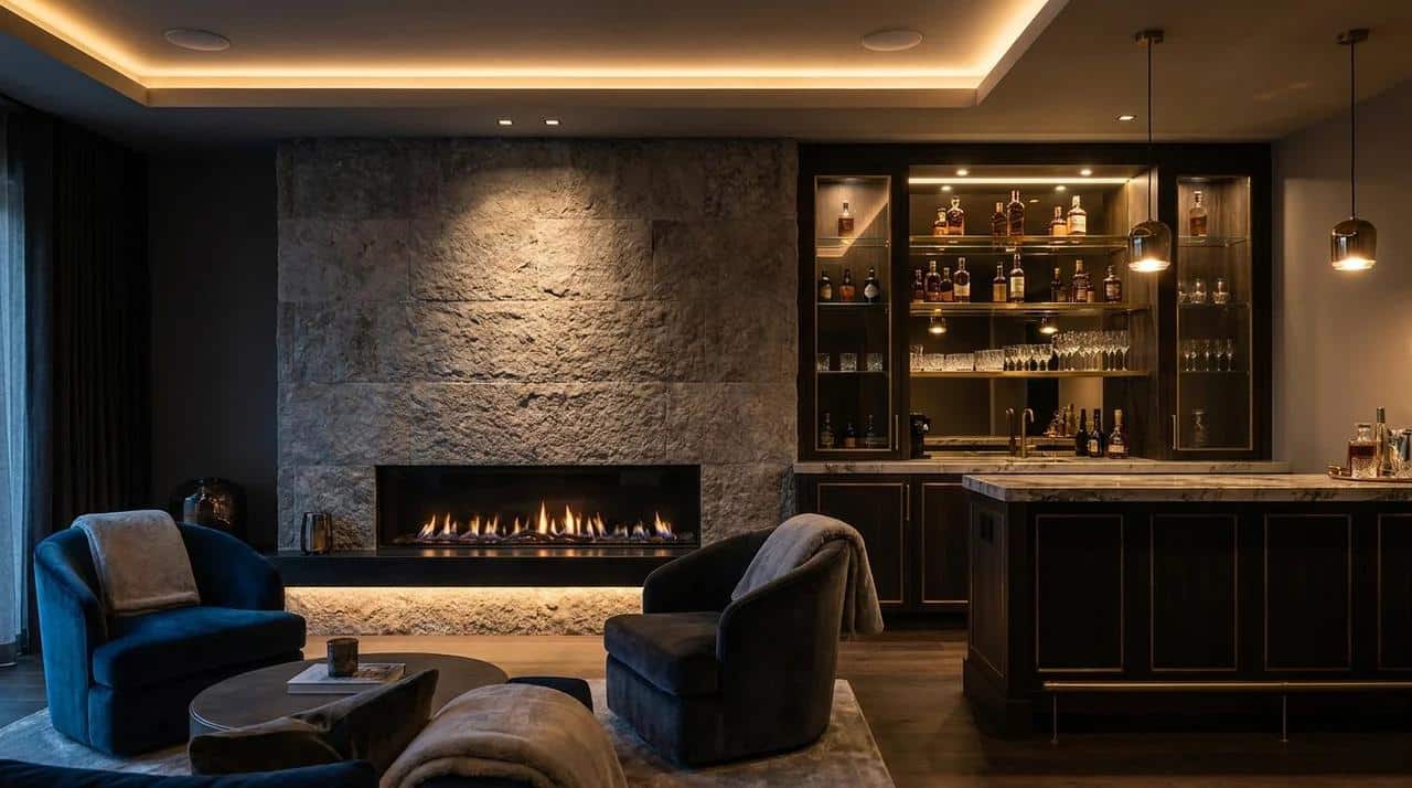 Luxury fireplace wall with built-in bar area, glass shelves, and lounge seating.
