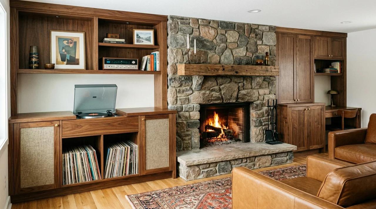 Living room fireplace wall with built-in record player cabinet and storage.