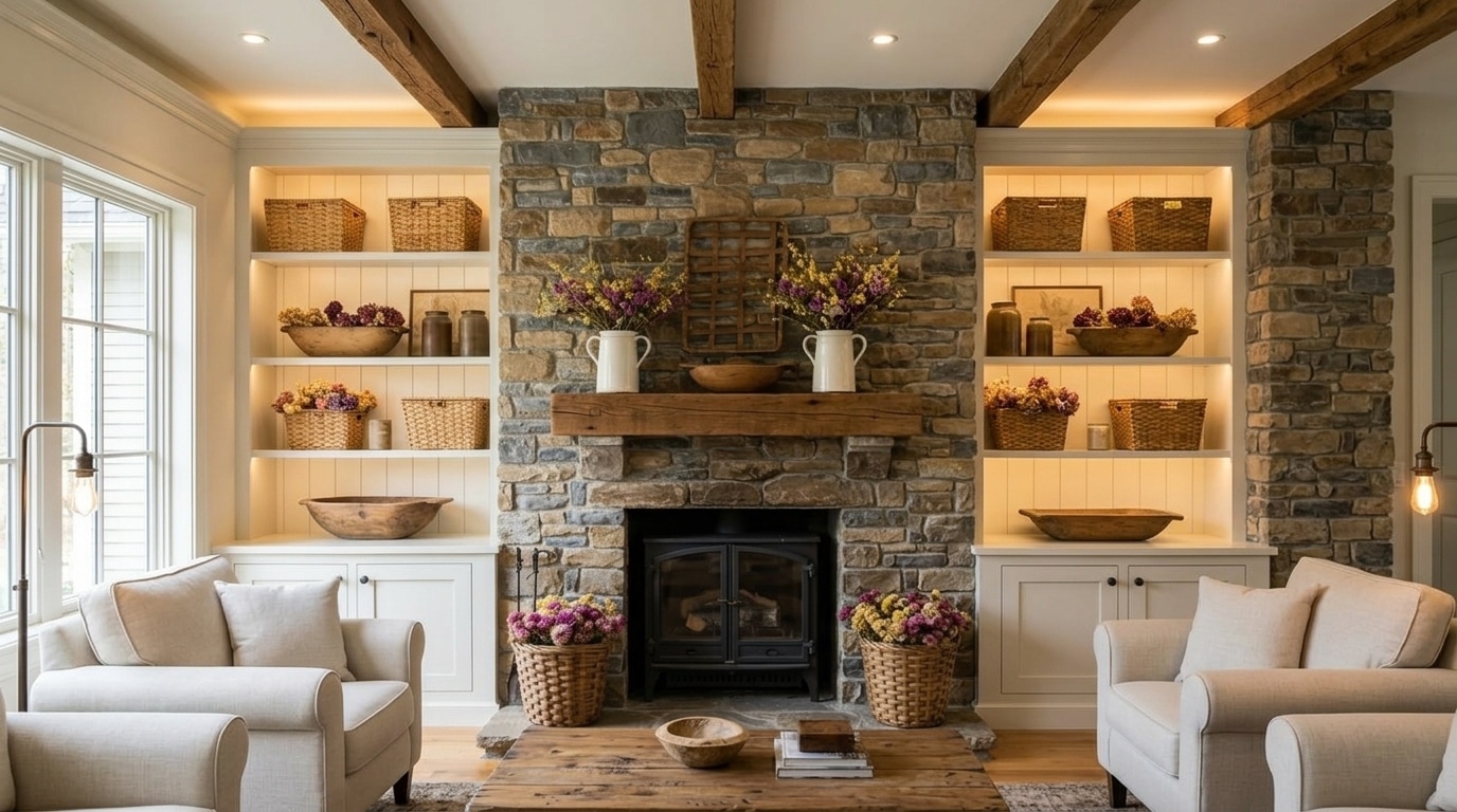 Shelves Fireplace wall with built-in shelves, storage cabinets, and decorative displays.