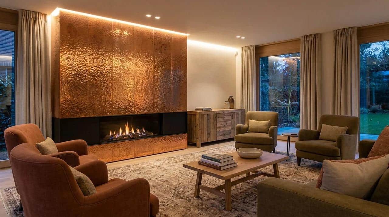 Contemporary fireplace wall with copper accents and warm metallic details.