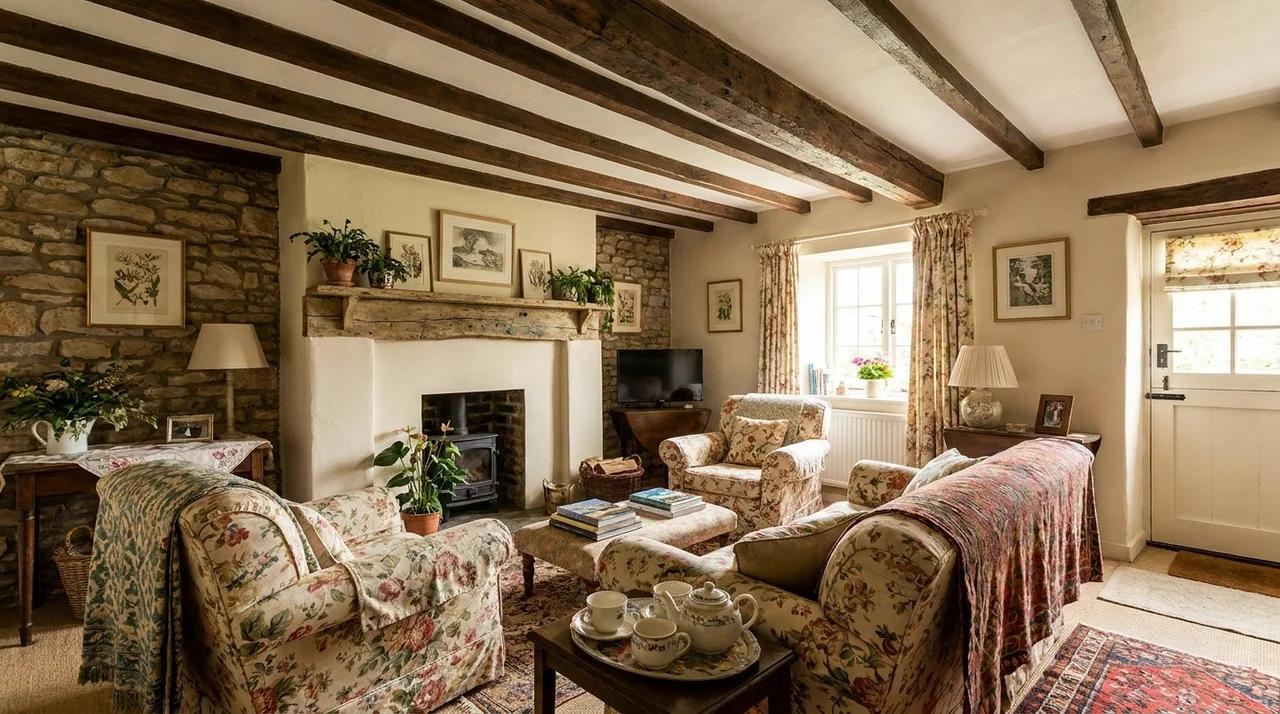 Cozy cottage fireplace wall with painted surround and rustic home decor.