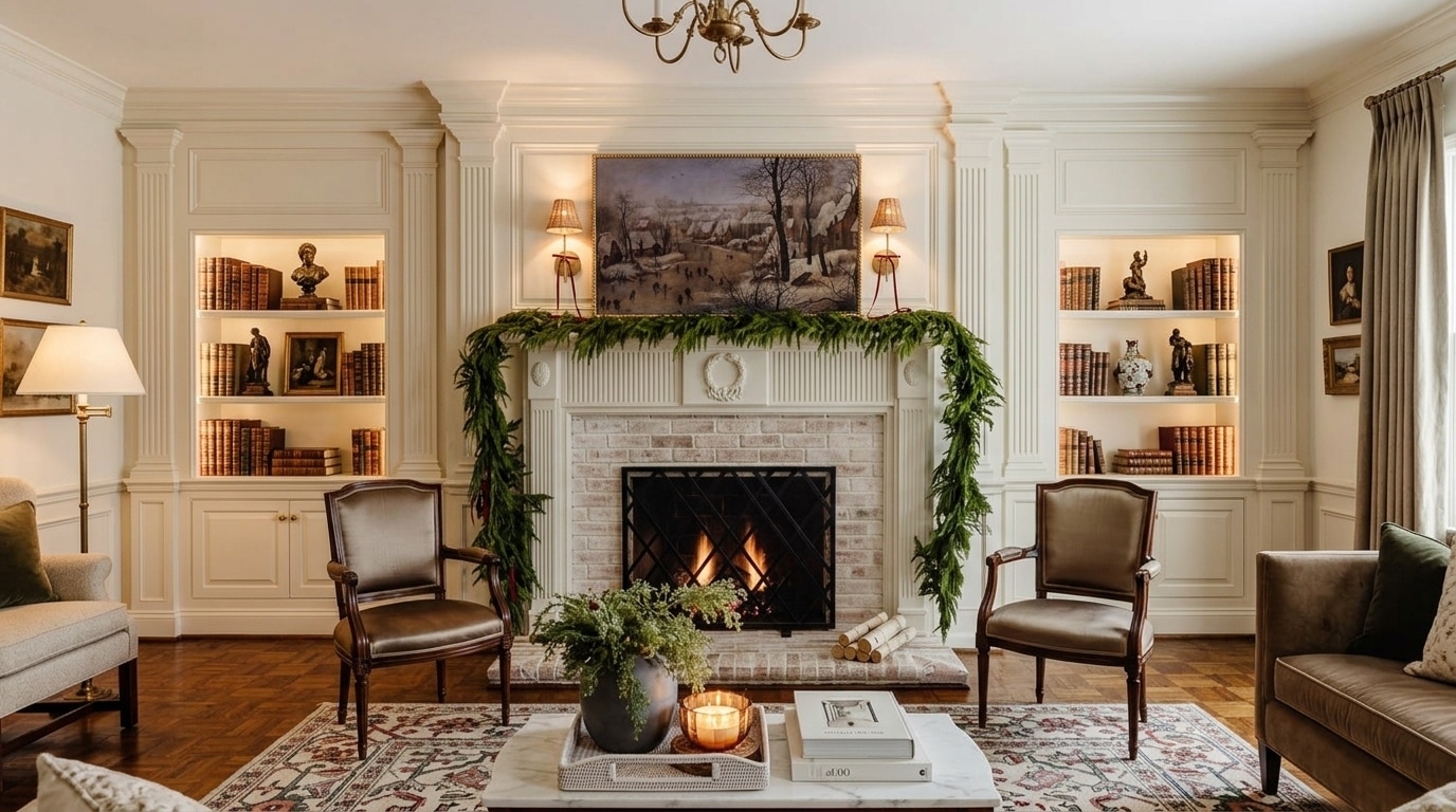 Fireplace wall with decorative molding, classic paneling, and traditional styling.